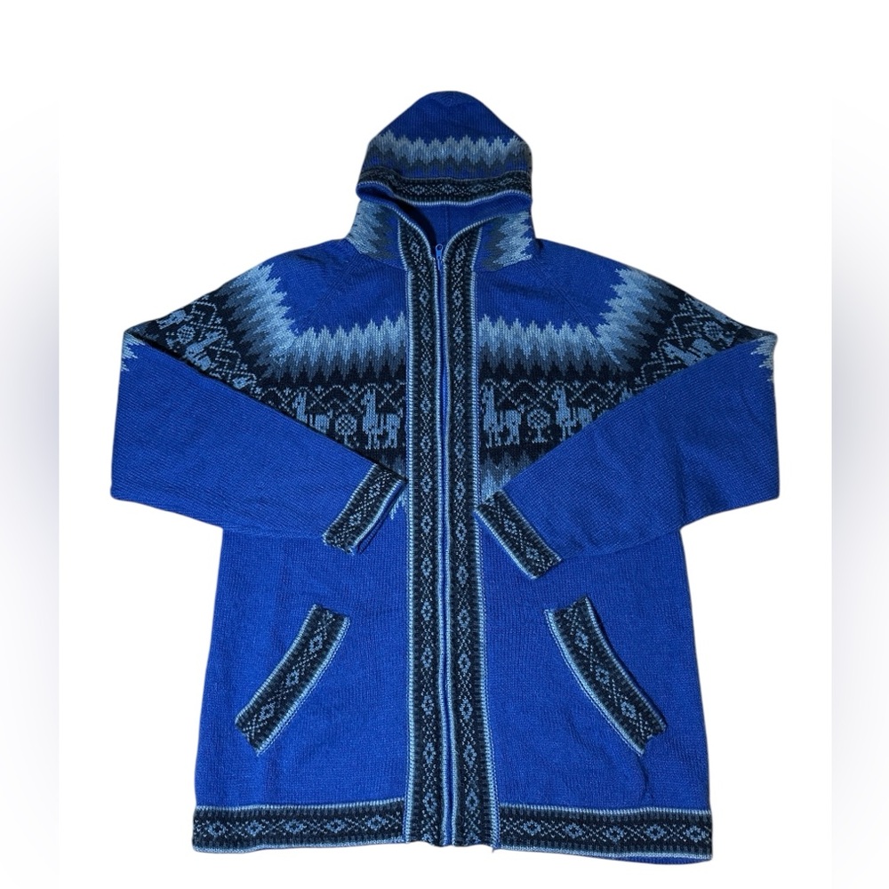 Peruvian Unisex Alpaca Blend Cardigan Hooded Zip up Sweater Size M/L